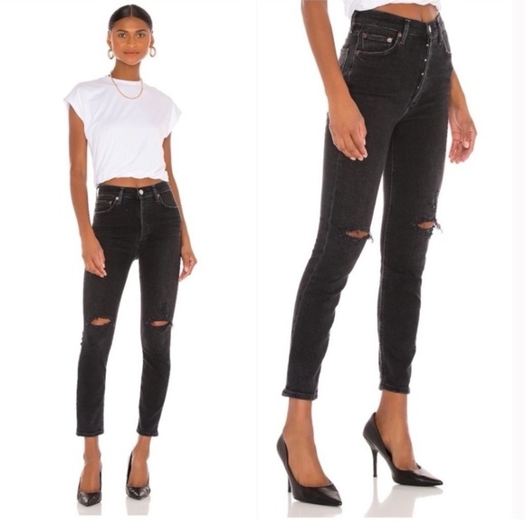 Agolde Denim - AGOLDE Nico High Rise Slim Fit Jeans in Cassette 25 Black Distressed